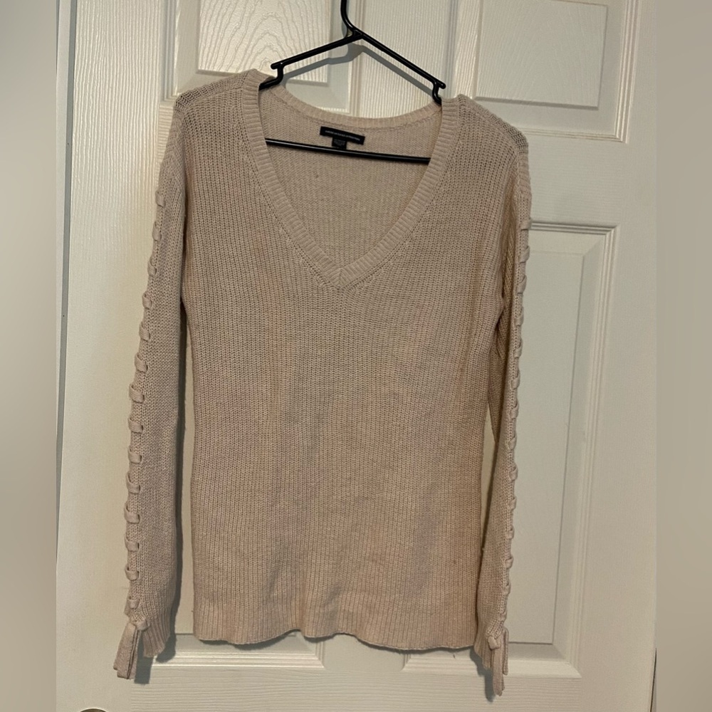 American Eagle Tan Ivory  Pull On Sweater Lace Up Sleeves Cotton Wool Acrylic Xs